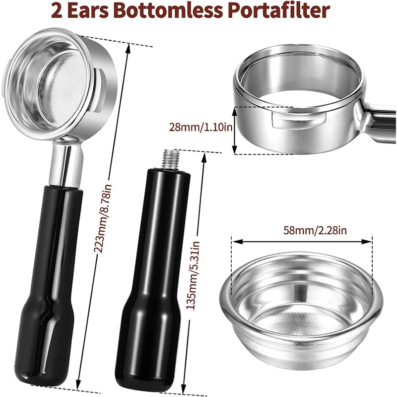 58Mm Bottomless Portafilter 2 Ear Espresso Portafilter With Filter Basket Parts For E61 Rocket, Faema, Rancilio Coffee Machine