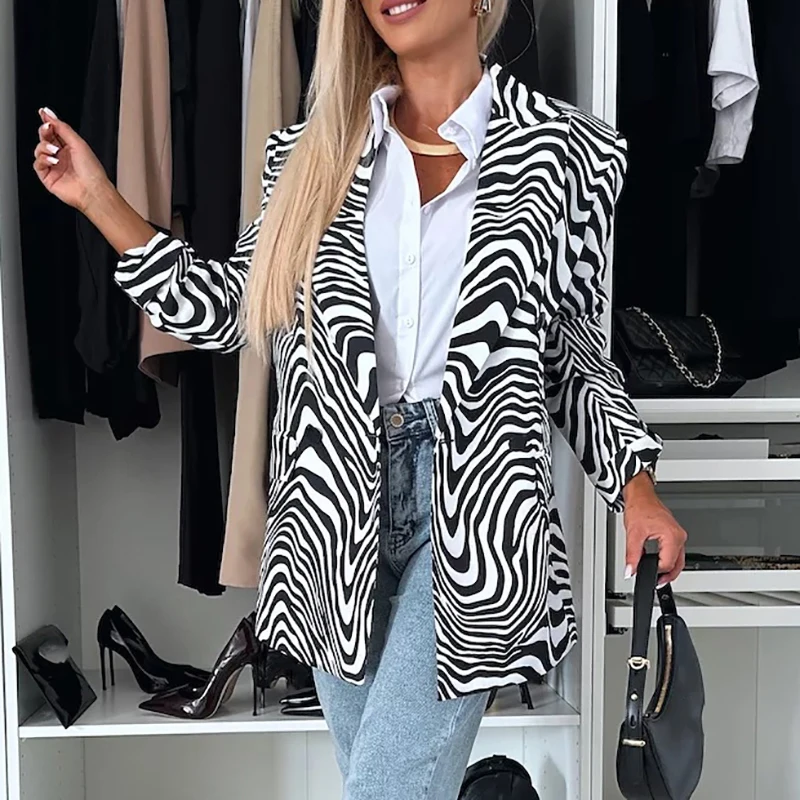 

Fashion Zebra Striped Print Jacket Elegant Leopard Printed Single Button Lapel Outwear Autumn Women High Street Long Sleeve Coat