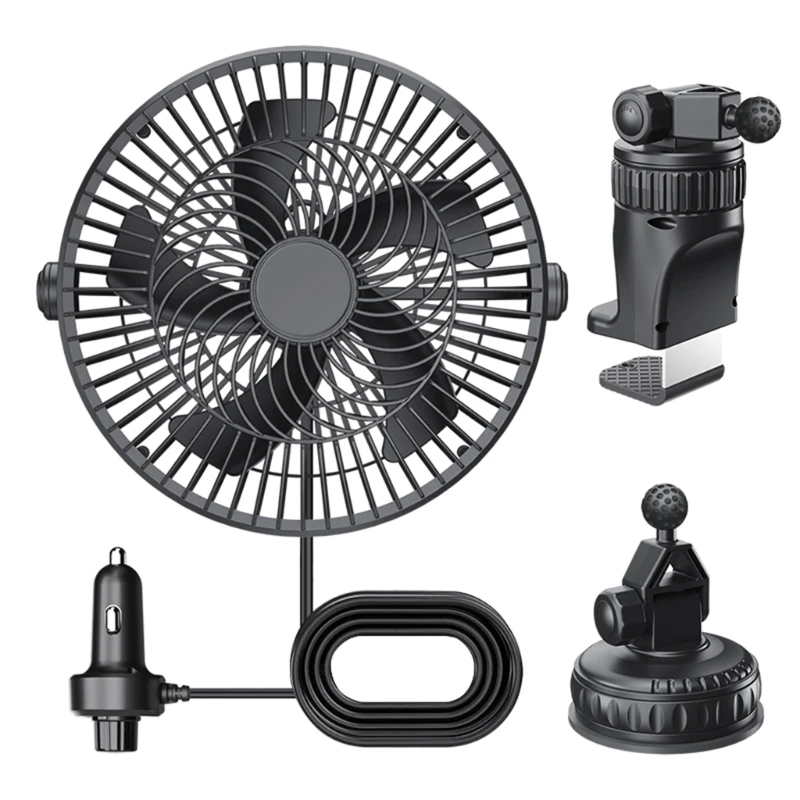 Vehicle Cabin Fan with 12V 24V Socket Power, Adjustable Cooling Fan for Dashboard Ventilation, Suction Cup and Clip Mount for or
