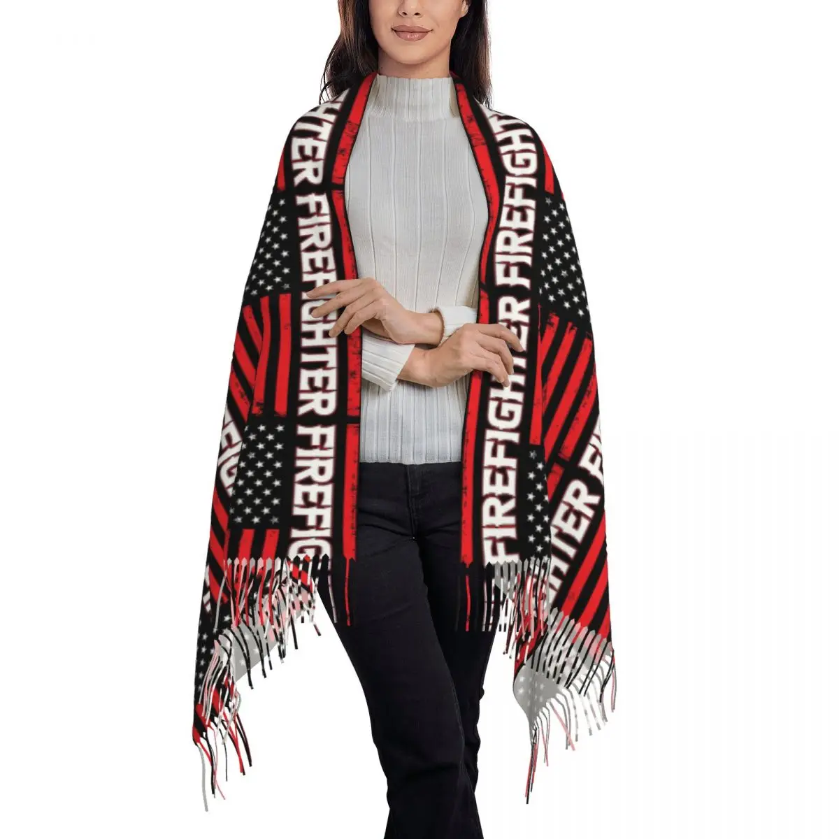 Firefighter American Flag Scarf Tassel Scarves for Women Soft Warm Shawls and Wraps Long Fall Winter Shawl Wrap