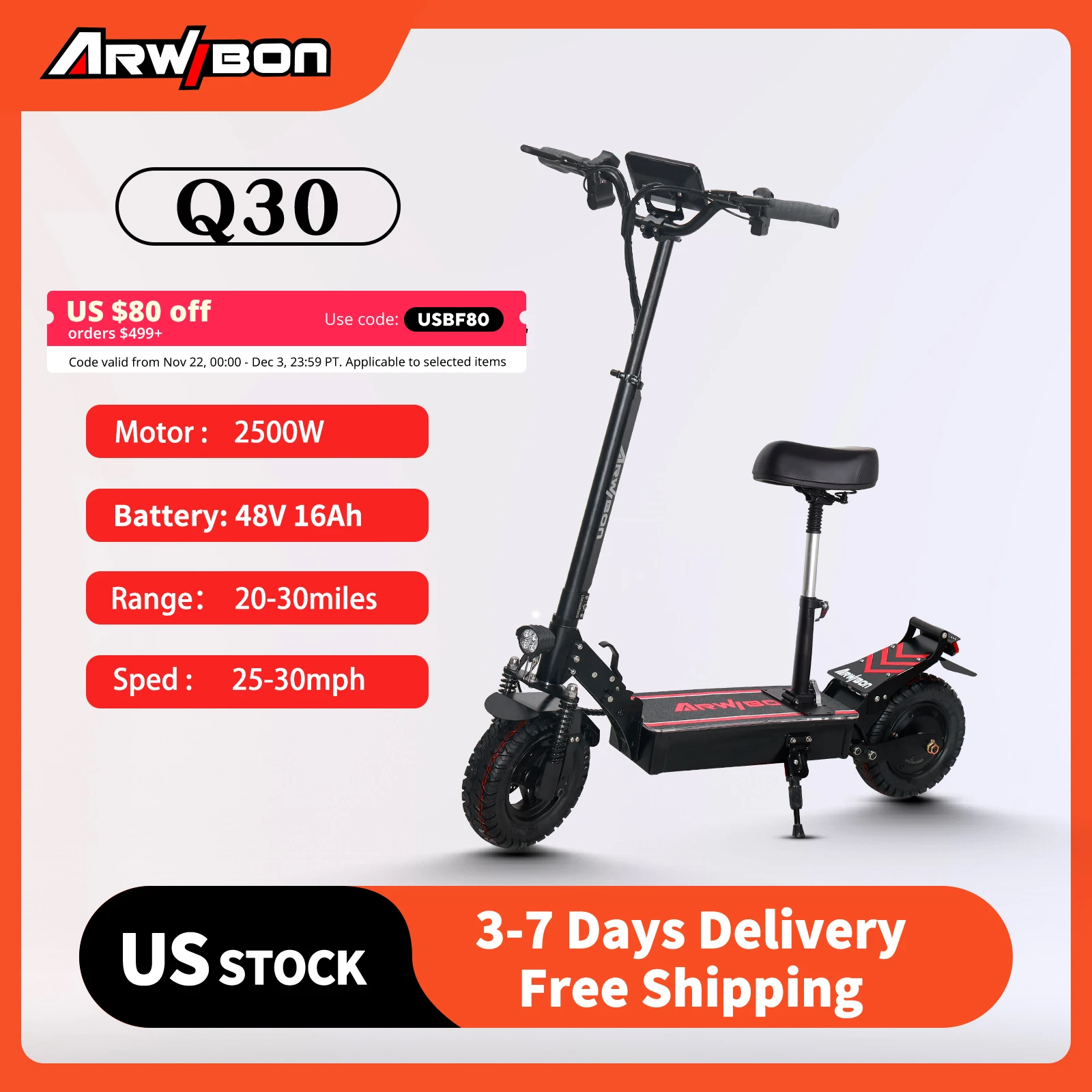 Arwibon Q30  Adult Electric Scooter Speed up to 30MPH 48V16AH 11 Inch Off-Road Skid-Resistant Tires Foldable E-Scooter with seat