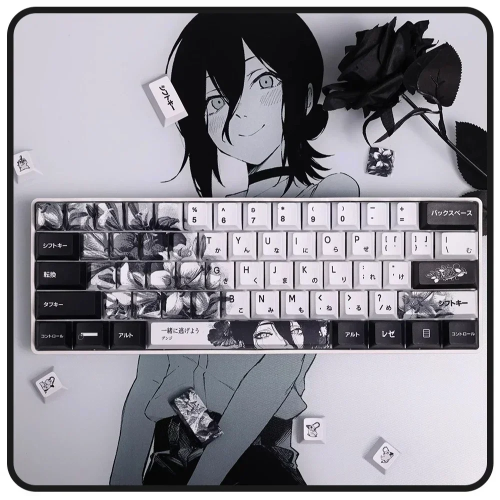 White Black Anime Theme Keycaps Set Customized PBT Sublimation Cherry Profile Keyboard Caps for Mechanical Keyboard Accessories