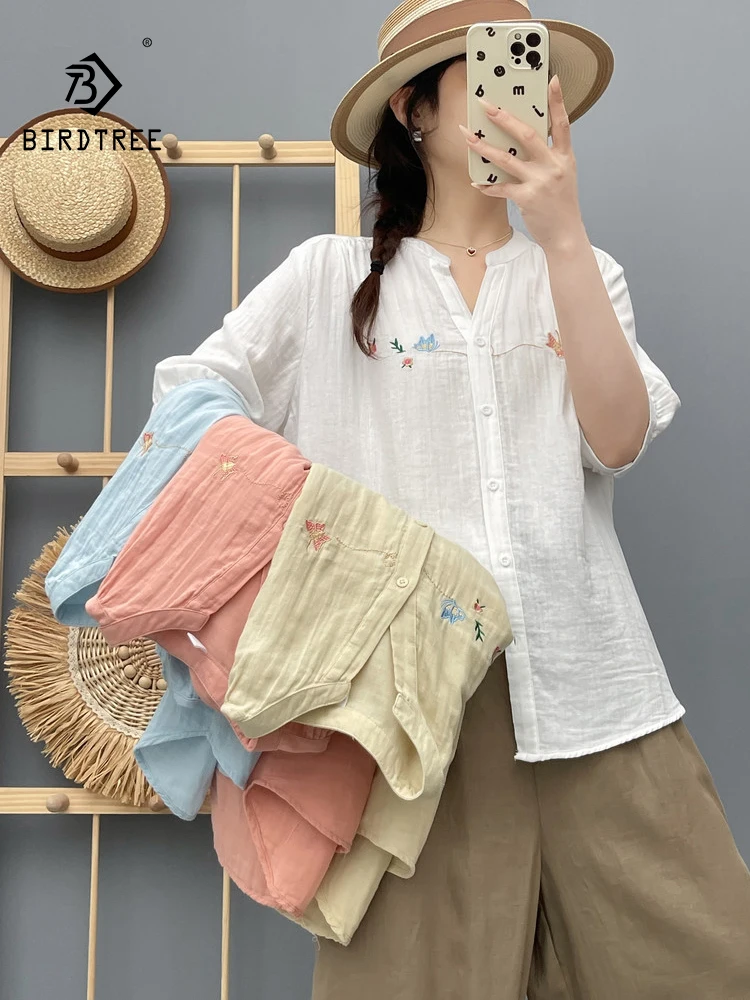 

New 2025 Autumn Cotton Yarn Half Sleeve Shirt, Women V Neck Embroidery, Mori Girl Versatile Comfortable Loose Blouse T56290CC