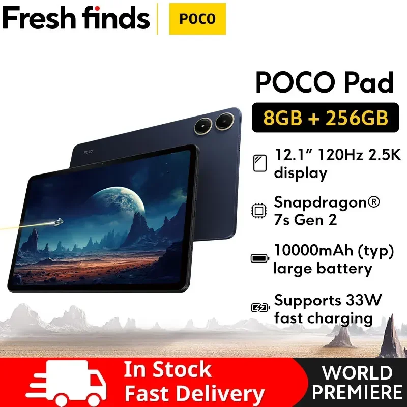 POCO-Versão Global Pad, Tablet com Snapdragon 7s, Gen 2, Octa Core, Bateria 10000mAh, Carregamento 33W, 12.1 pol, 2.5K Display, Estreia Mundial