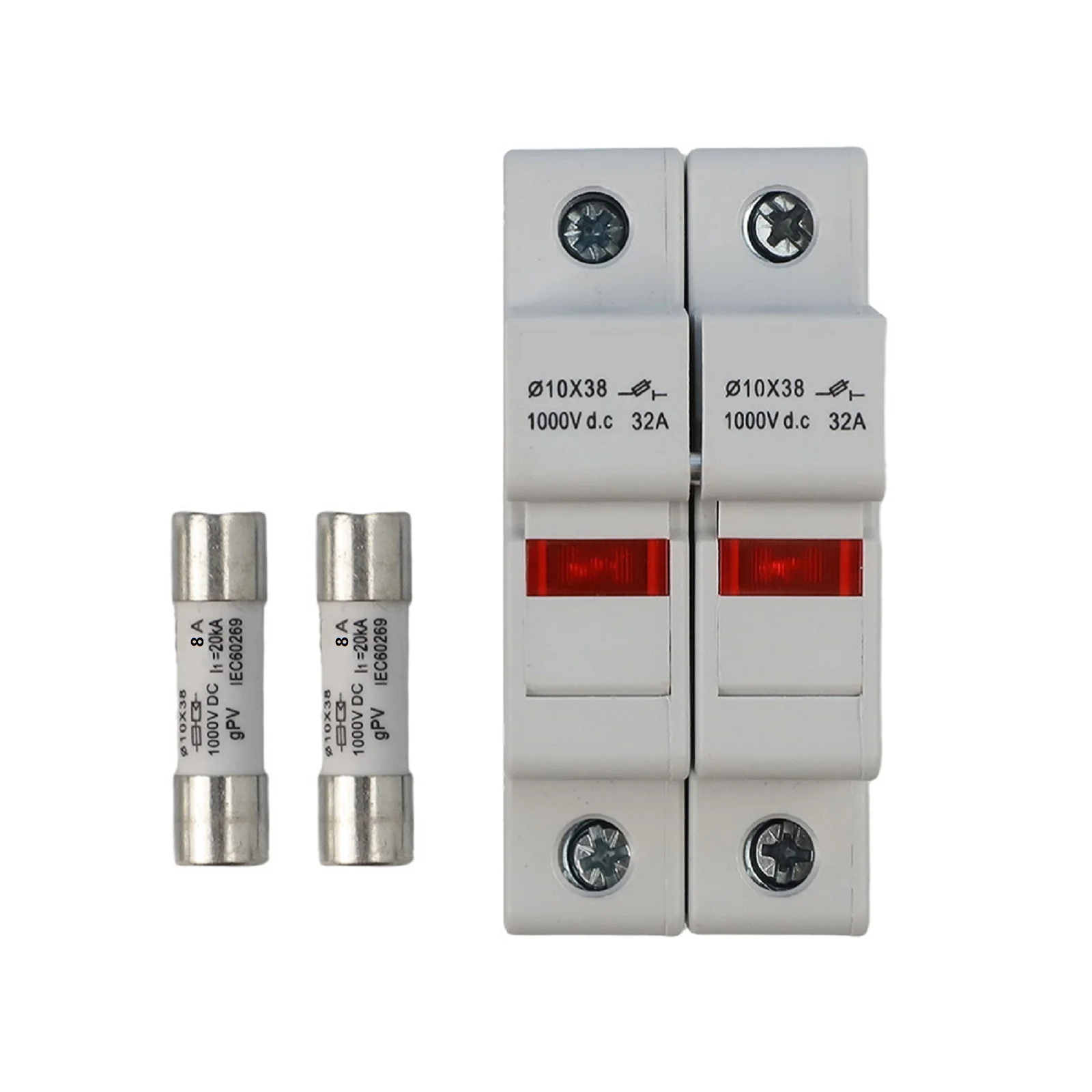 2P DC1000V Fuse Holder for Solar PV Strings Compatible with 10x38mm Fuses 8A 10A 12A IEC 60269-6 EN 60947-3 35mm DIN Rail