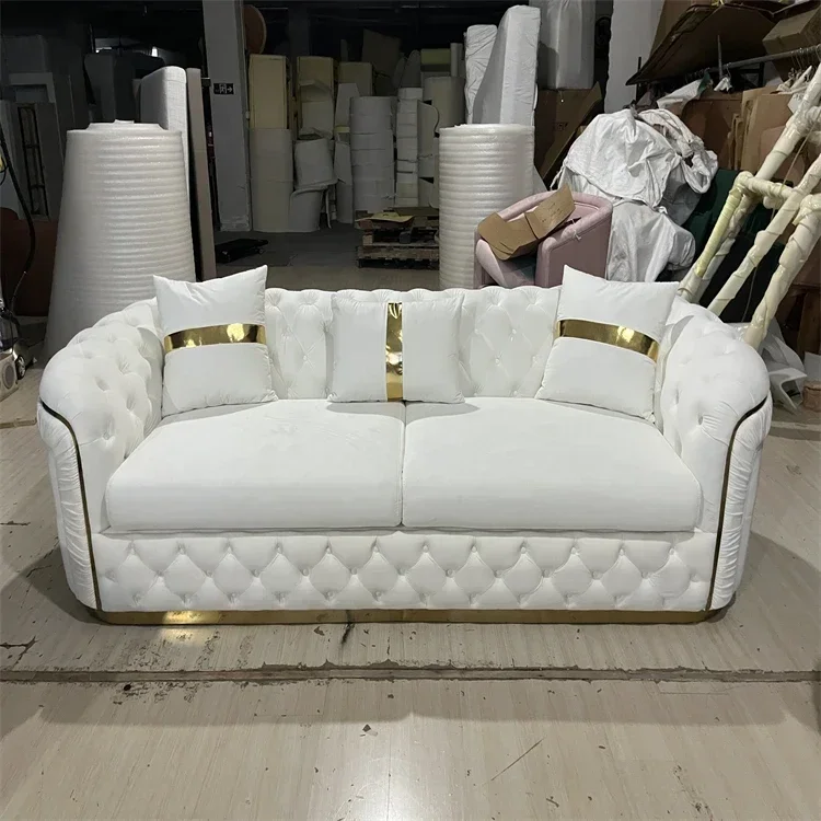 European luxury rose gold legs white chesterfield sofa velvet fabric button tufted living room sofa set furniture