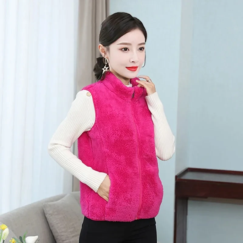 Autumn Thin Polar Fleece Vest Middle Aged Women Coral Velvet Warm Short Jacket Double Sided Zipper Coat Sleeveless Waistcoat 4XL