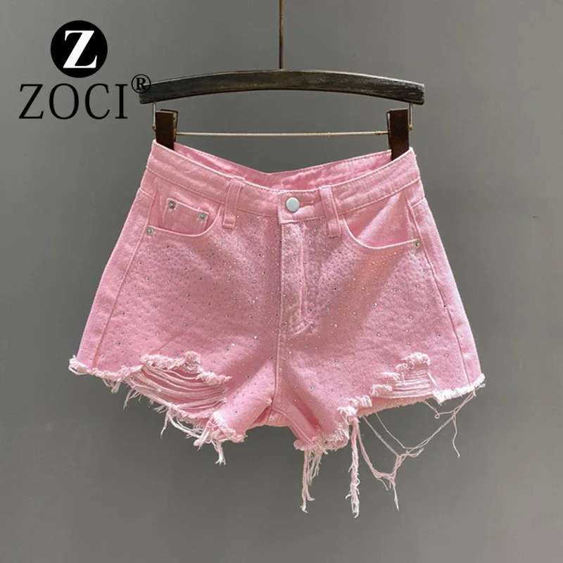 

[zoci] Heavy Industry Hot Diamond Denim Shorts 2024 Summer New High Waist Girl Broken Holes