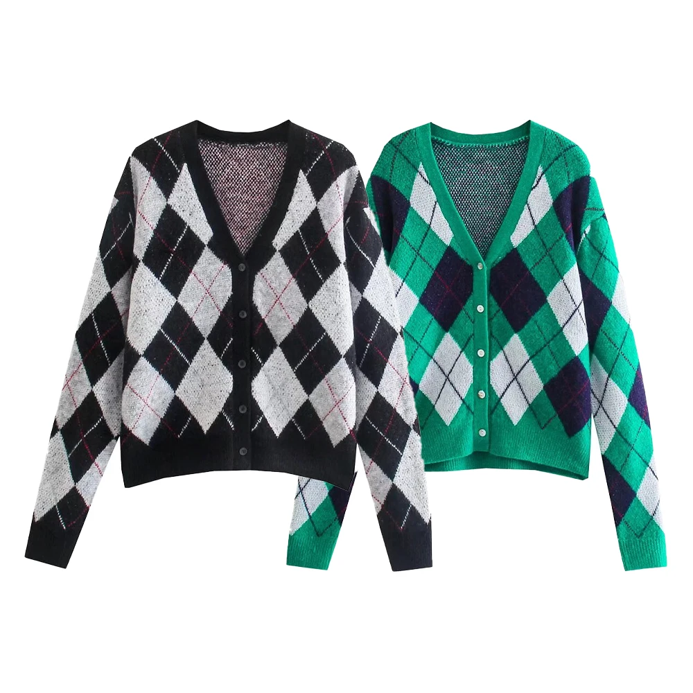 

V-neck diamond grid loose and versatile knitted cardigan new long sleeved loose sweater jacket for women