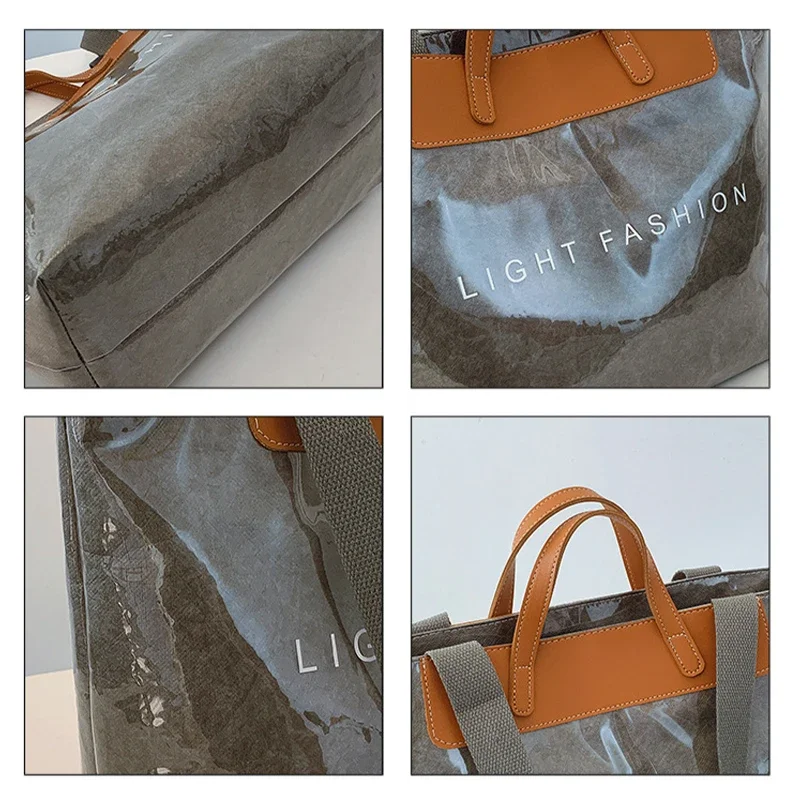 Klare Tragetasche aus PVC-Kraftpapier mit Farbkontrast, luxuriöse Vintage-Hobo-Umhängetasche, wasserdichte Shopper-Handtasche mit Buchstaben oben – Detail 16
