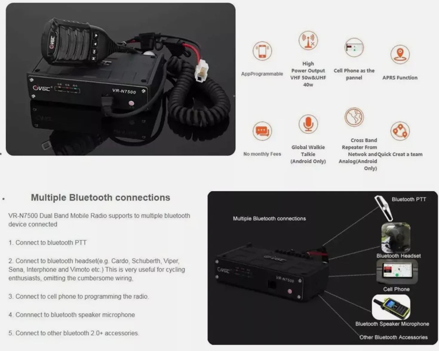 VERO VR-N7500 50W VHF/UHF Headless Mobile HAM Radio with BT And App Programming