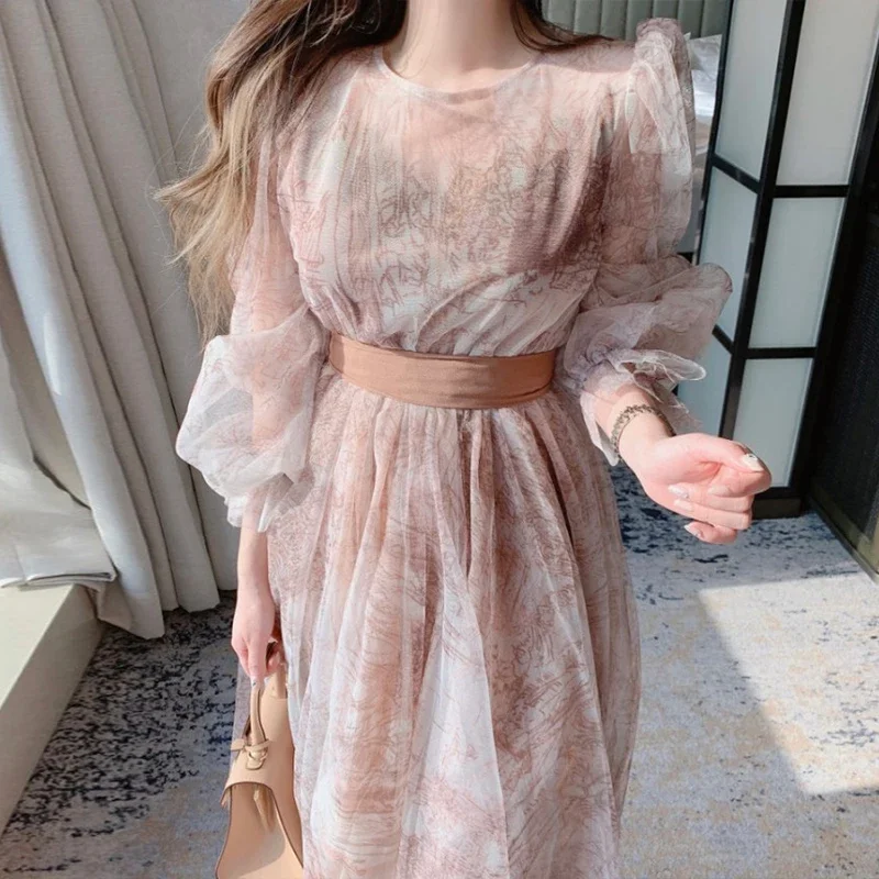 

New Fashion Korean Chic Summer Dress Vintage Elegant Mesh Women Dresses Sweet O Neck Puff Sleeve Vestidos Mujer