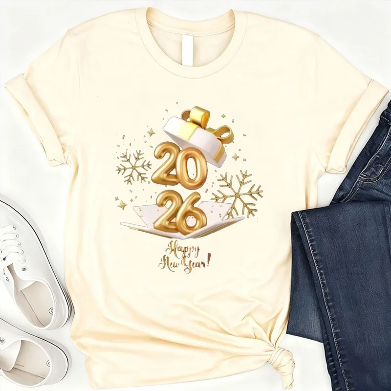 Happy New Year 2026 T Shirt, New Years Shirt Colorful, Snowflakes Men and Women Crew Neck Short Sleeve Cotton Top Casual Fashion