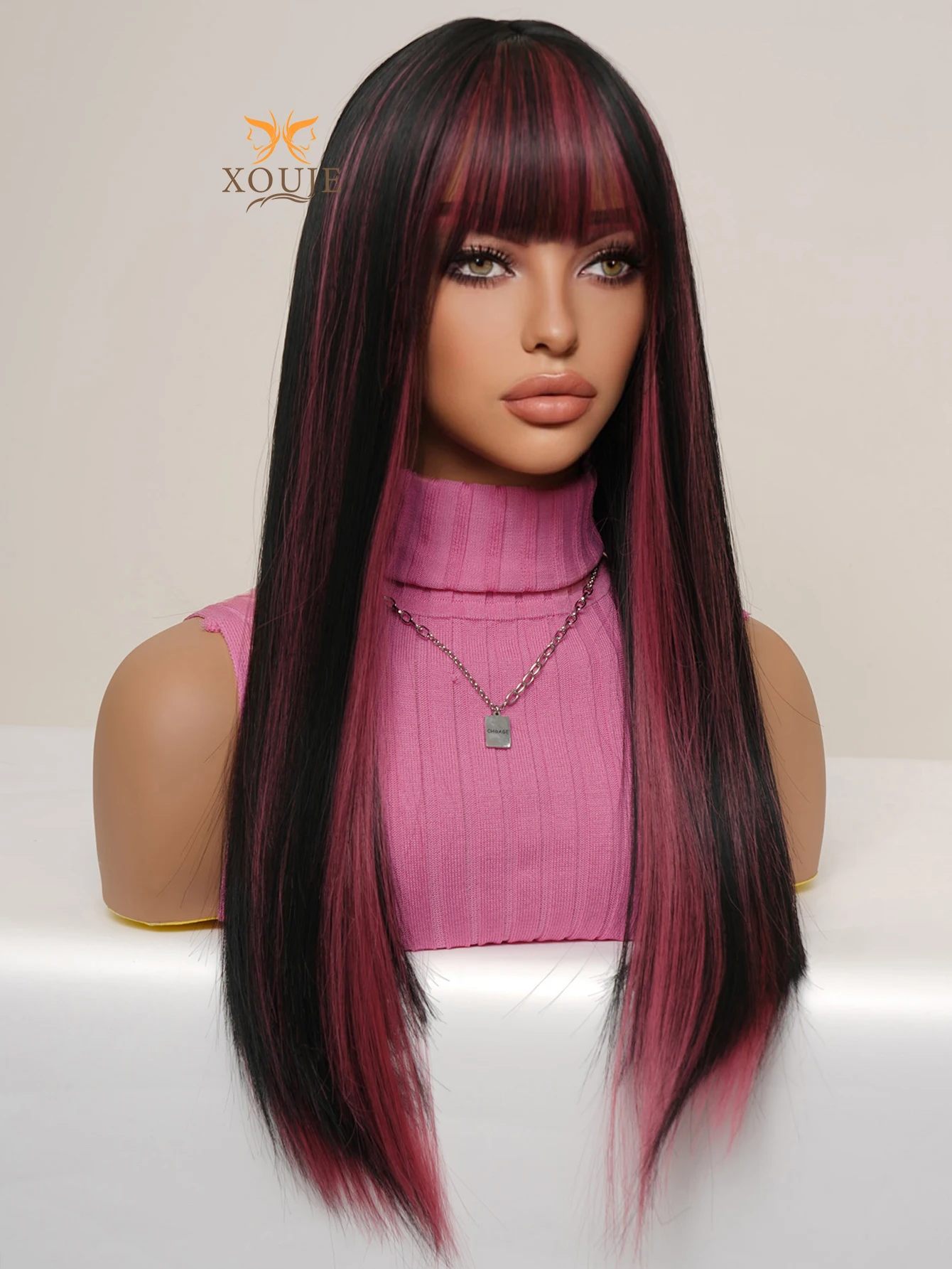 XOUJE Long straight hair black mixed pink synthetic fiber wig with bangs for attractive women suitable for daily cosplay use