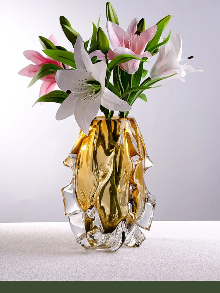 Jarrón Light Luxury Creative Crystal Glass Vase Transpant Yellow Irregular Flower Pots Decoración Hogar Tabletop Ornament