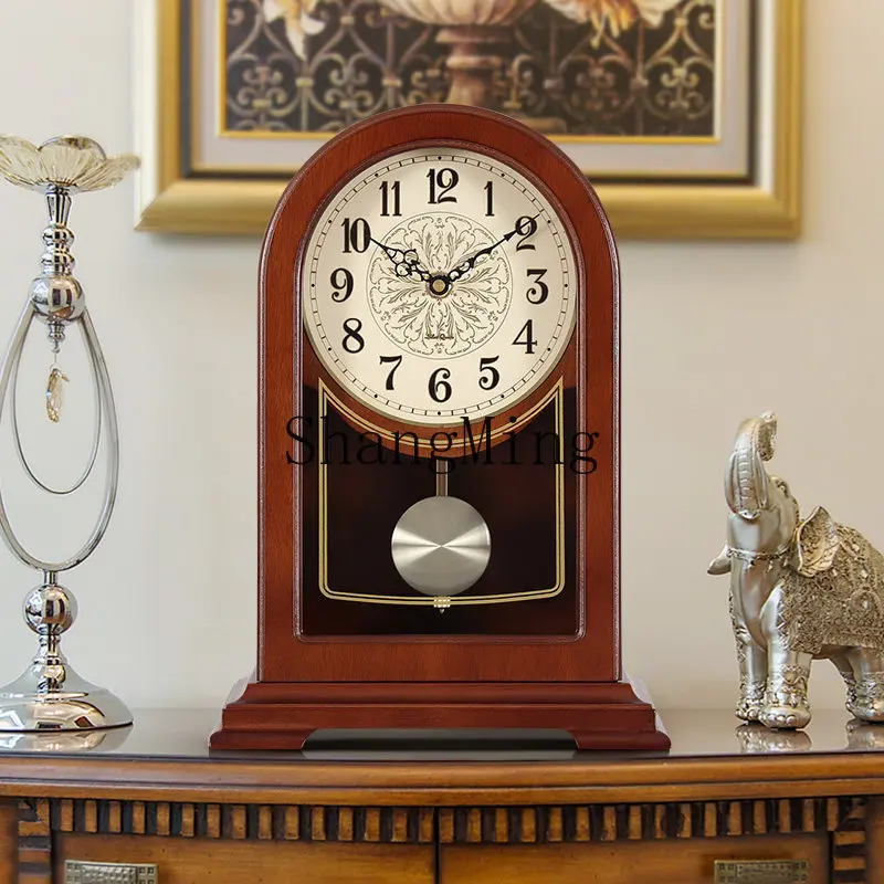 FG new Chinese solid wood clock living room simple silent desk clock household retro quartz clock ornament