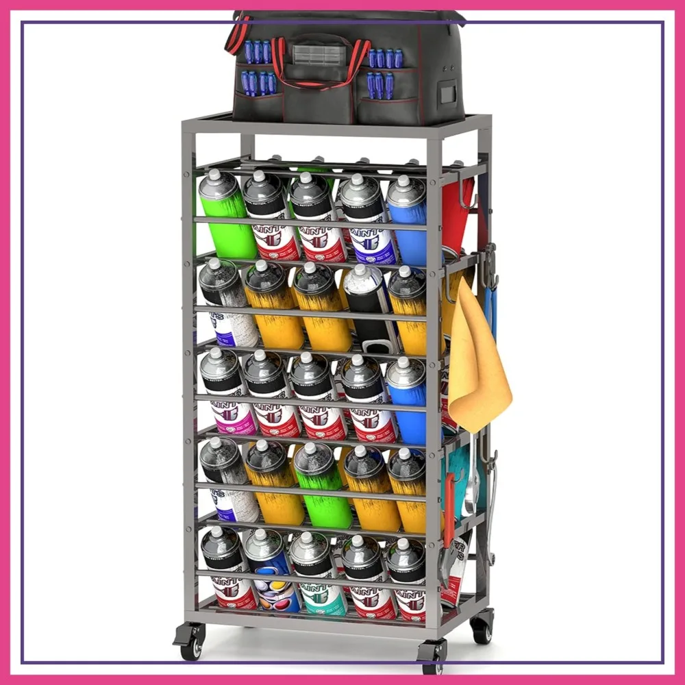 

50 Can Spray Paint Storage Rack, Metal Aerosol Cart, Rolling Spray Bottle Holder, Garage Paint Organizer