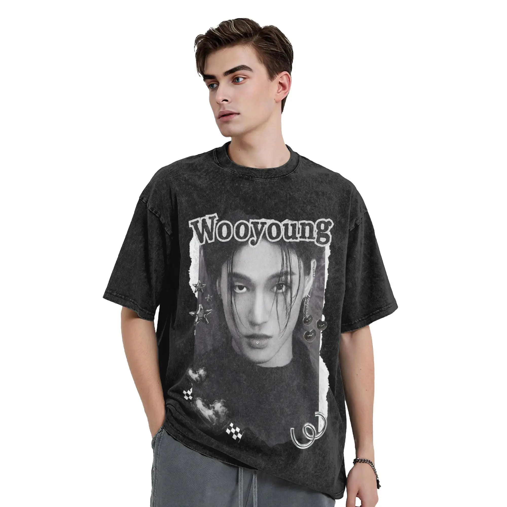 Kpop Boy Group A-Ateez Wooyoung Washed T Shirts Streetwear  Vintage T-Shirts  Tee Shirt for Men Women Short Sleeve Harajuku