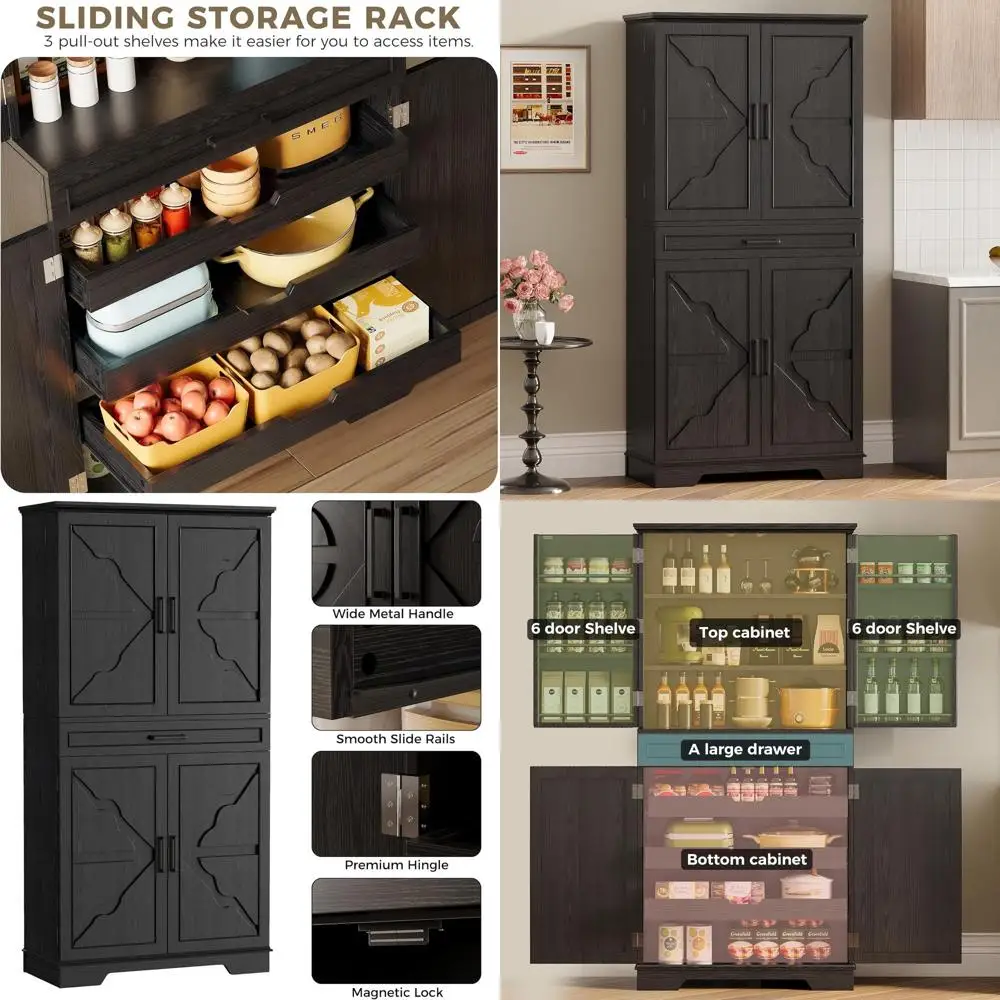 

Высокий отдельностоящий кухонный шкаф-паниройка 72 дюйма с выдвижной полкой и 6 полками, черный, для кухни и столовой