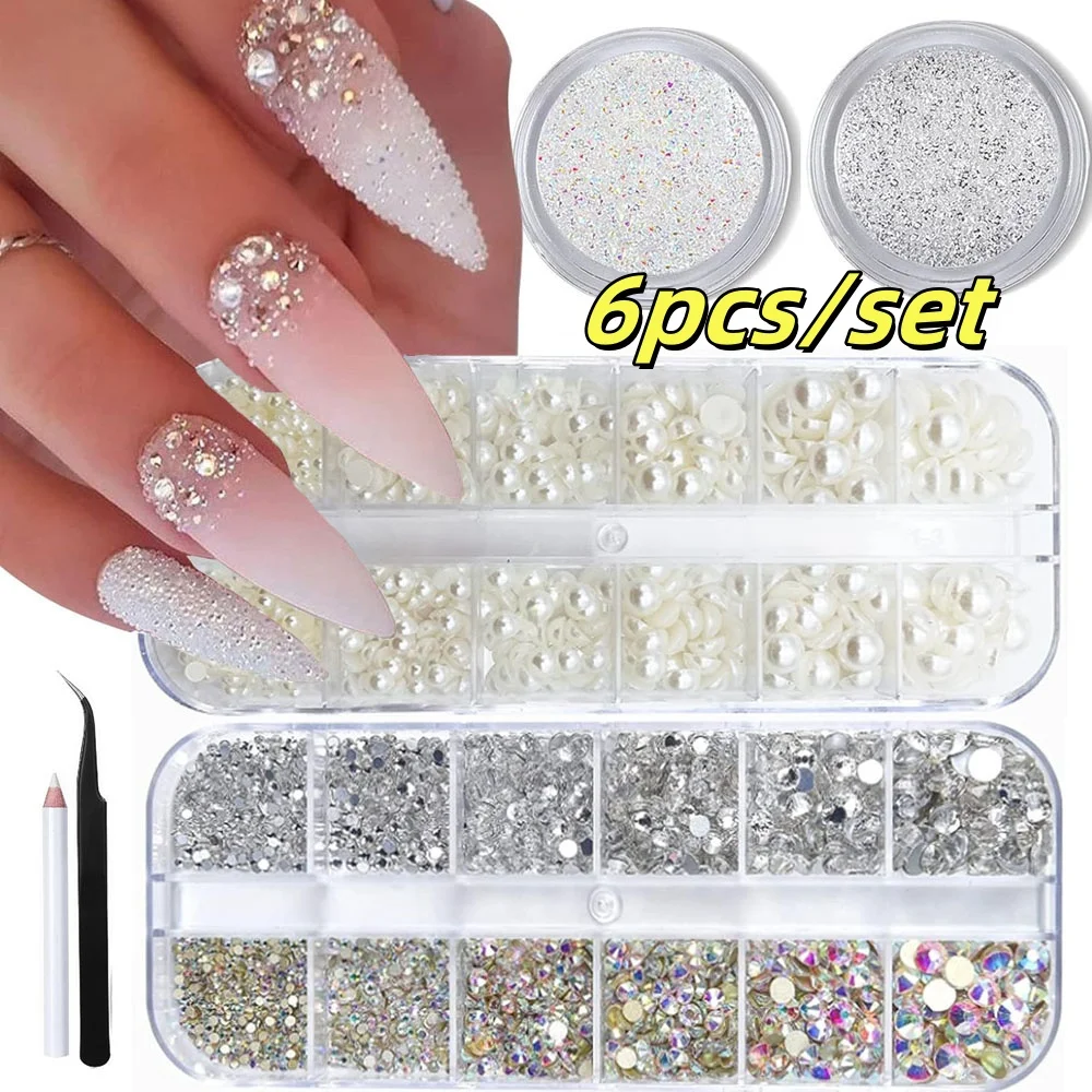

6Pcs/Set Pearls/Crystals Nail Gemstones Jewelry Nail Art Kit Nail Rhinestone Combination Charms Nail with Tweezers&Picker Tools*
