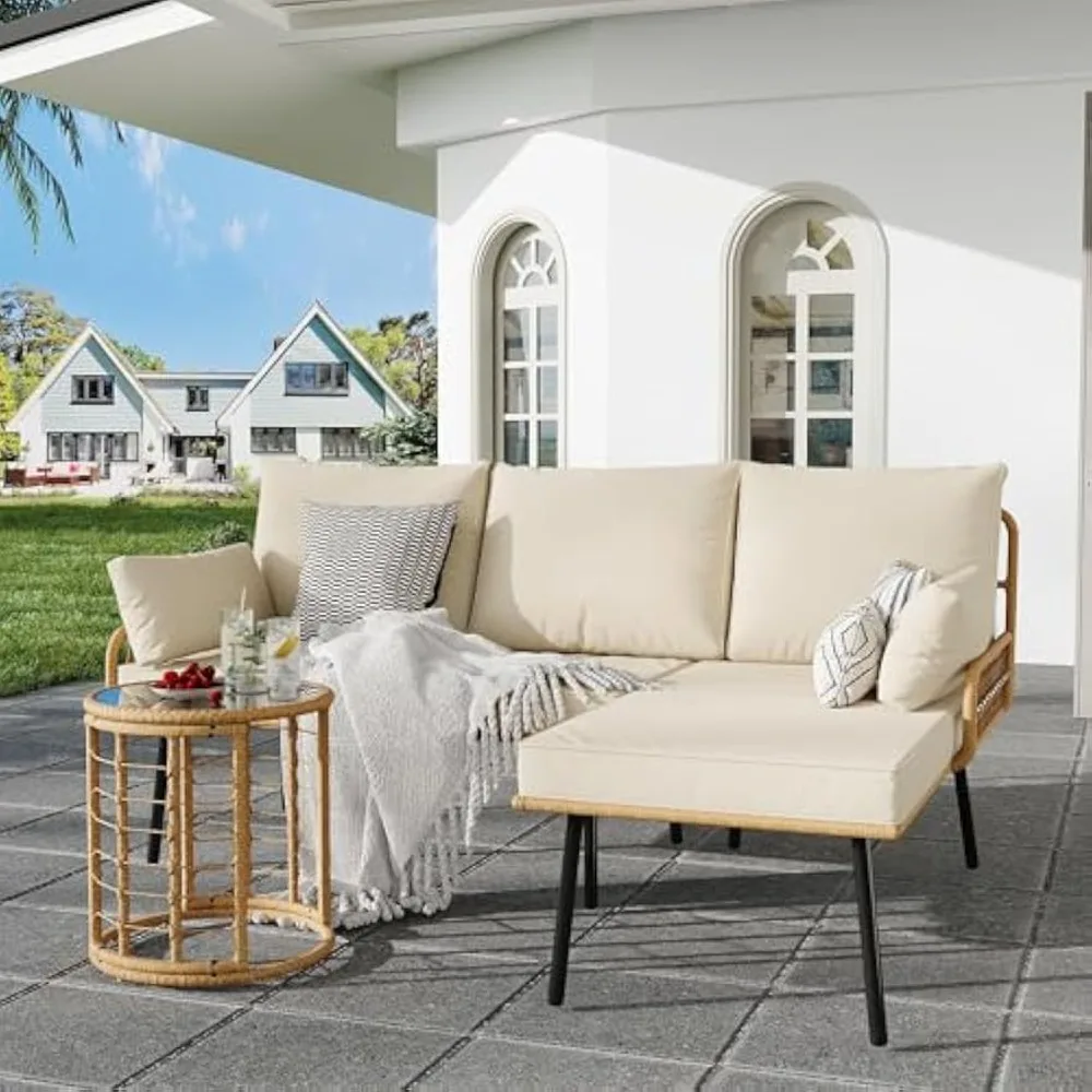 

3-Piece Outdoor Patio Furniture Set, L-Shaped Rattan Sectional Sofa with Thick Cushions & Glass Coffee Table, All-Weather Conver