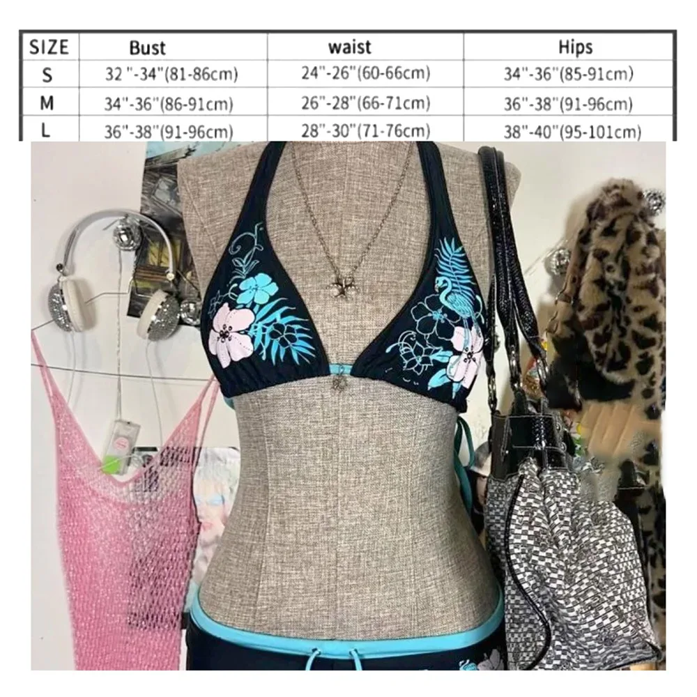 Fashion Vintage Bikini Set Flower Print Adjustable Swimsuit Low Waist Sexy Halter Strap Swimwear Beach Wear