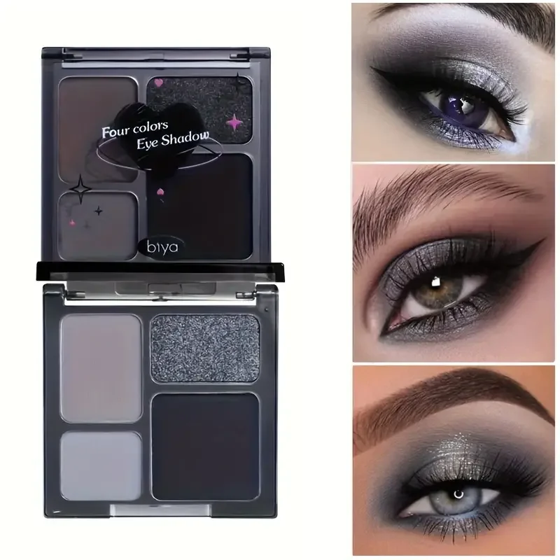 4 Color Eyeshadow Palette, Matte Pearl Glitter Makeup, Punk Smoky Makeup Black Gray Silver Eyeshadow Halloween Party Makeup