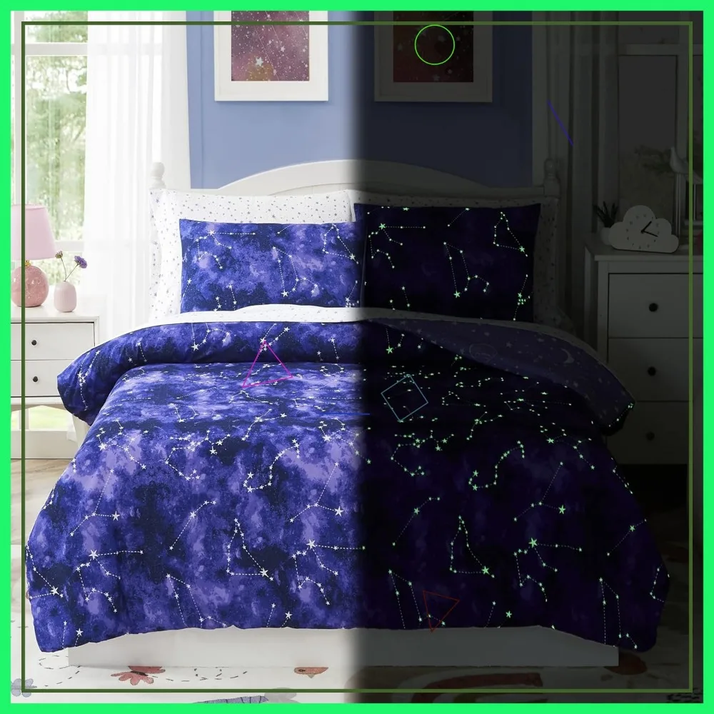 Conjunto de cama duplo que brilha no escuro Galaxy – edredom de 5 peças com lençóis para crianças, meninos e meninas