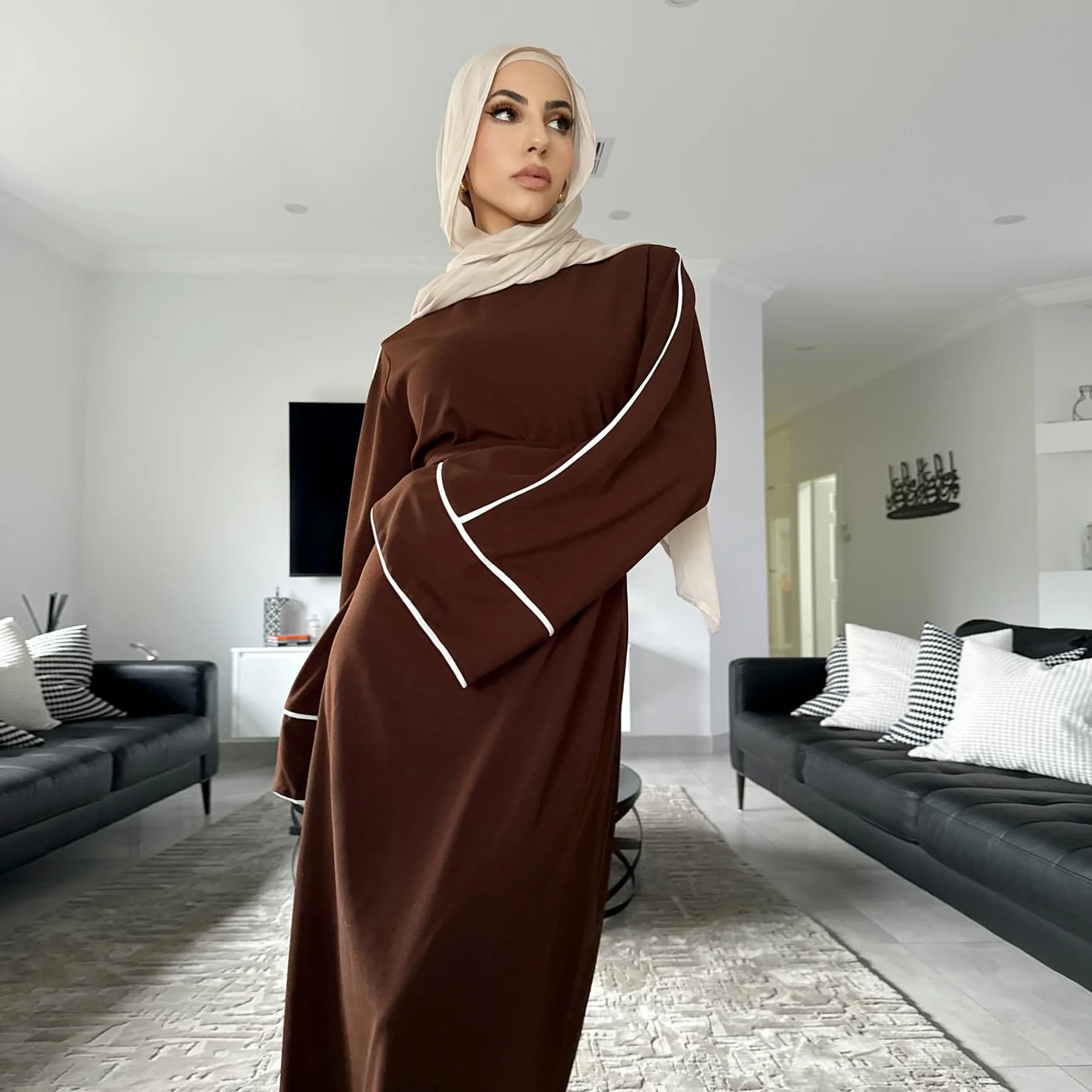 Muçulmano abaya multi cor longo cardigan com guarnição branca elegante modesto islam outerwear para mulher tecido premium estilo dubai 2025