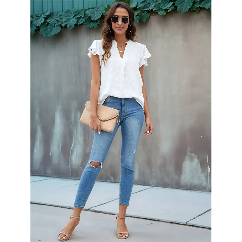 ASDS-Camisiera da donna con scollo a V, maniche con volant, camicie fluide, eleganti, casual, carine, estive