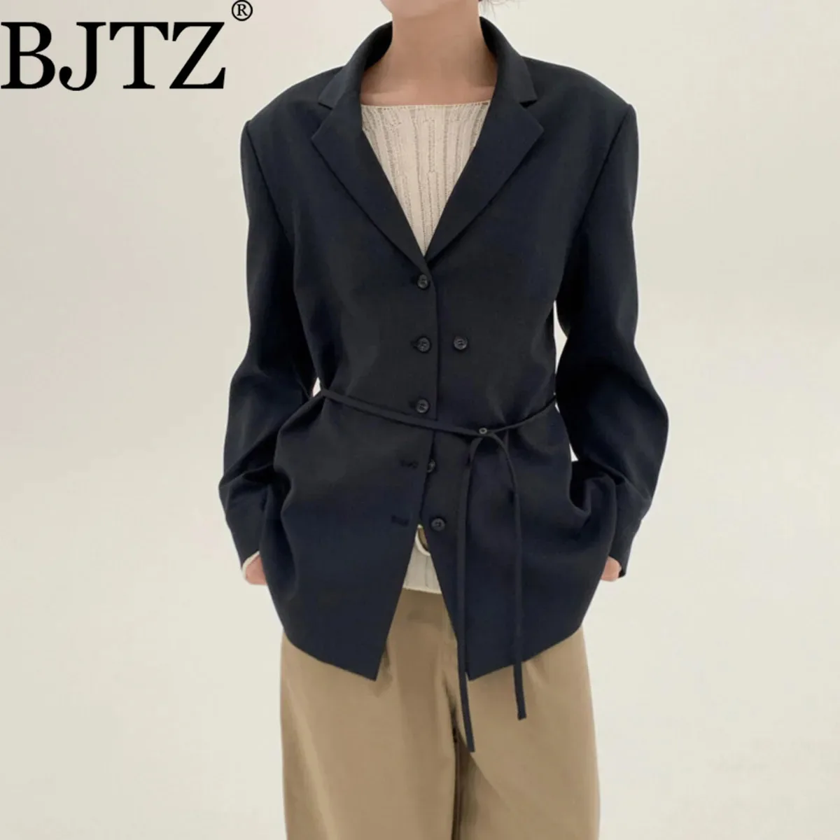 

BJTZ модный однобортный свободный пиджак со шнуровкой на талии для женщин, весна-осень 202, новый тренд, офисное женское пальто