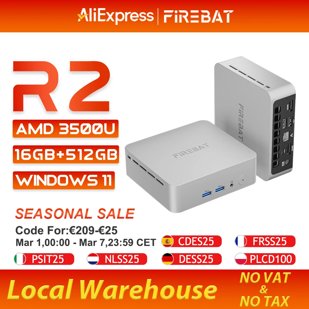 Mini PC FIREBAT R2 AMD Ryzen 5 3500U (supera a N150/N97) 16 GB de RAM 512 GB SSD Windows 11 Miniordenadores de Escritorio Pantalla Dual 4k WIFI5