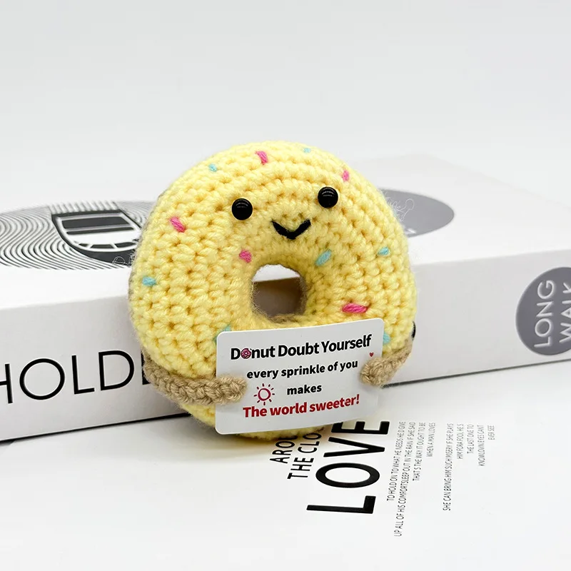 Positive Energy Doughnut Hug Pocket Mini Handmade Knitting Doughnut Doll With Card Funny Christams Gift Home Room Decoration