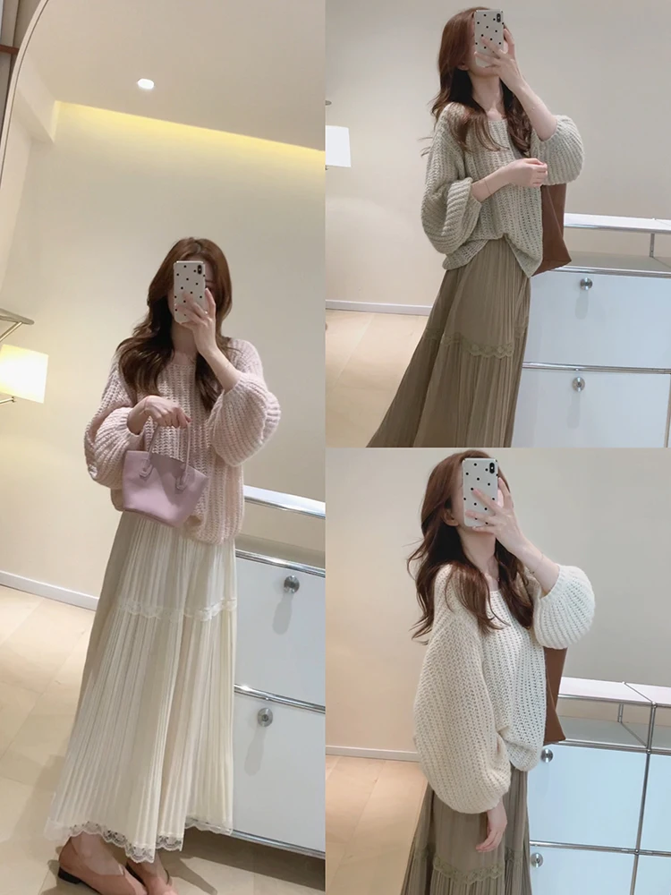 

Ladies' Korean Sle Large Sve Sweater Mixed Color Lazy Knitwear Casual Faion Autumn Collection 00% Other Material