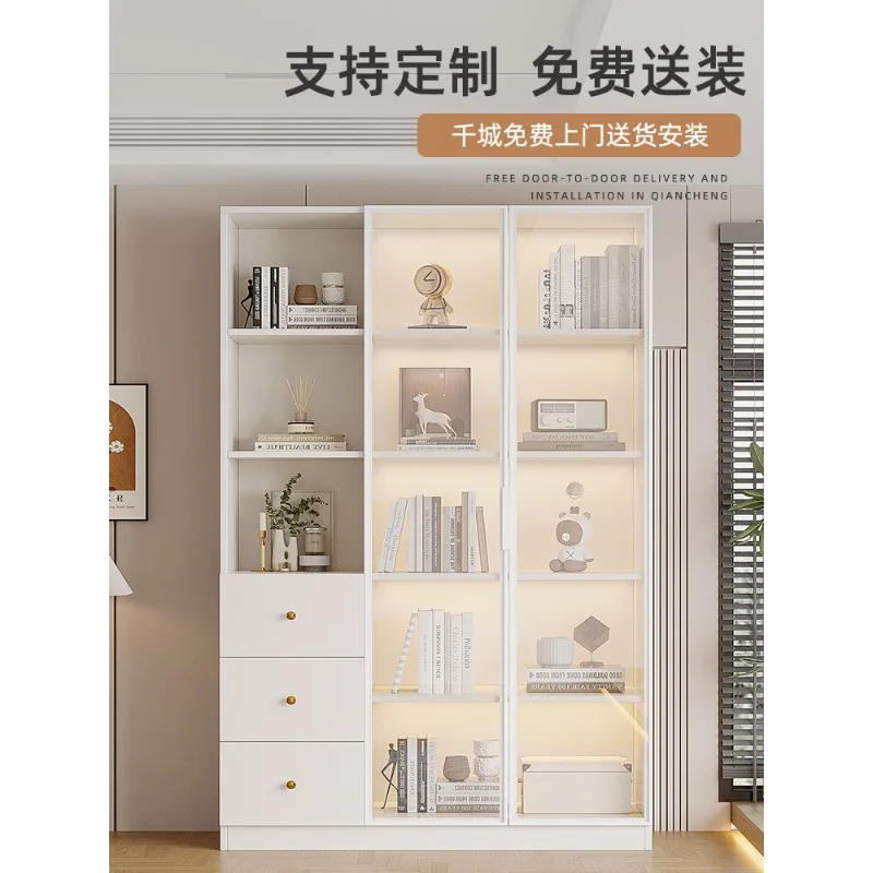 Figure cabinet glass door bookcase floor combination solid wood white bookcase display custom simple storage storage bookshelf view 2