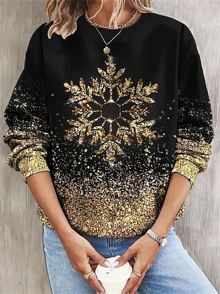 Golden Snowflake Printed Women\'s Sweatshirt Autumn And Winter Fashion Ladies Long Sleeve Round Neck Hoodless Pullover Sweatshirt