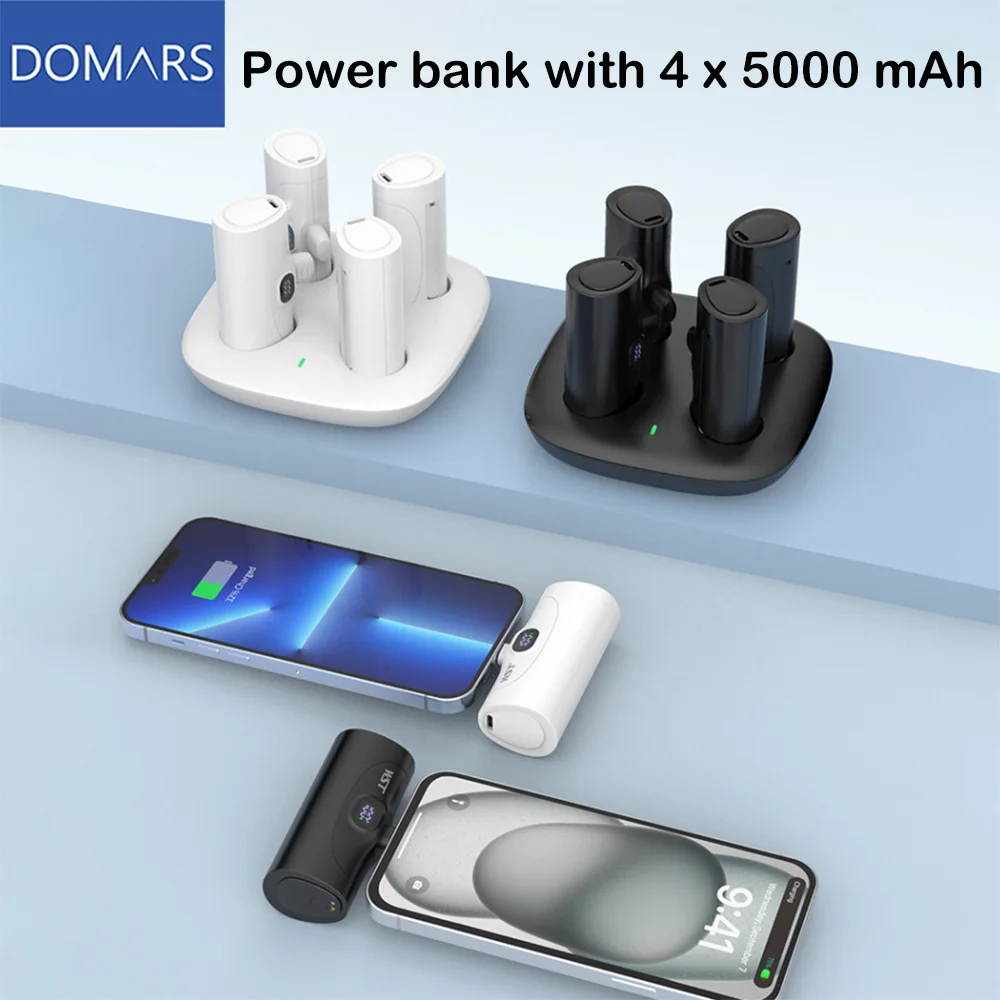 

Зарядная станция Domars с 4 портами и встроенными аккумуляторами 5000 мАч, портативный внешний аккумулятор с LED-индикатором, совместим с iPhone и Huawei