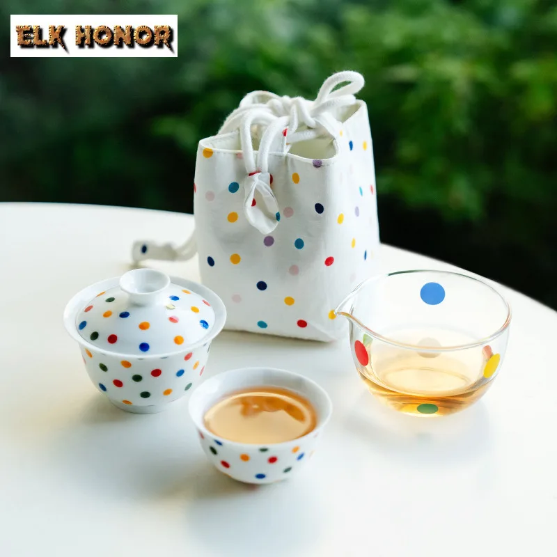 

Polka Dot Travel Tea Set Kit Retro Set Of Cups 1 Bowl 1 Cup Household Tea Brewing Organizer Portable Outdoor Tote Bag Drinkware