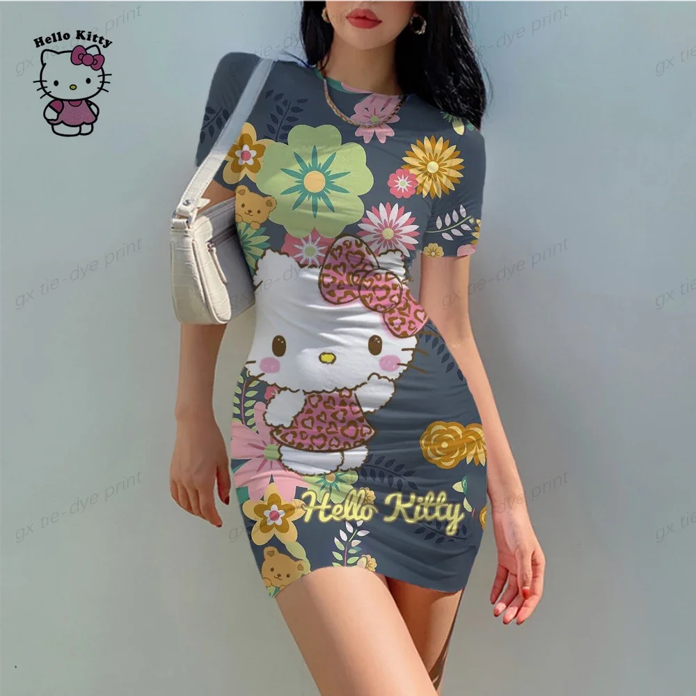 Vestido de desenho animado Hello Kitty Bodycon para mulheres, manga curta, streetwear Y2K, vestido de praia casual, festa e clube, novo, venda quente, verão, 2024