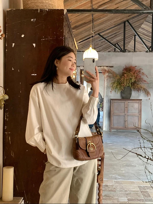 

Spring New Style Comfortable Long Sleeve T-Shirt Simple Design Cuff Pleated Women's Casual Breathable Cotton Polyester Blend