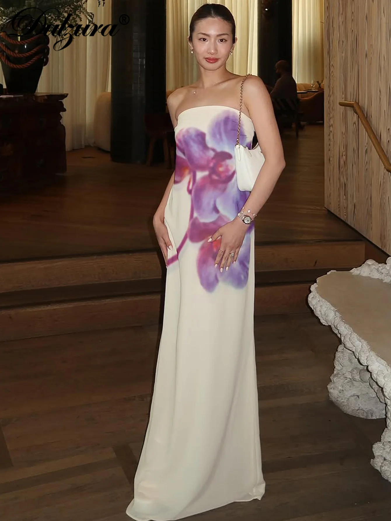 Dulzura Summer Fashion Chest Wrapping Backless Slim Fit Mesh Print Long Dress Ladies Sexy Elegant Evening Party Club Prom Outfit