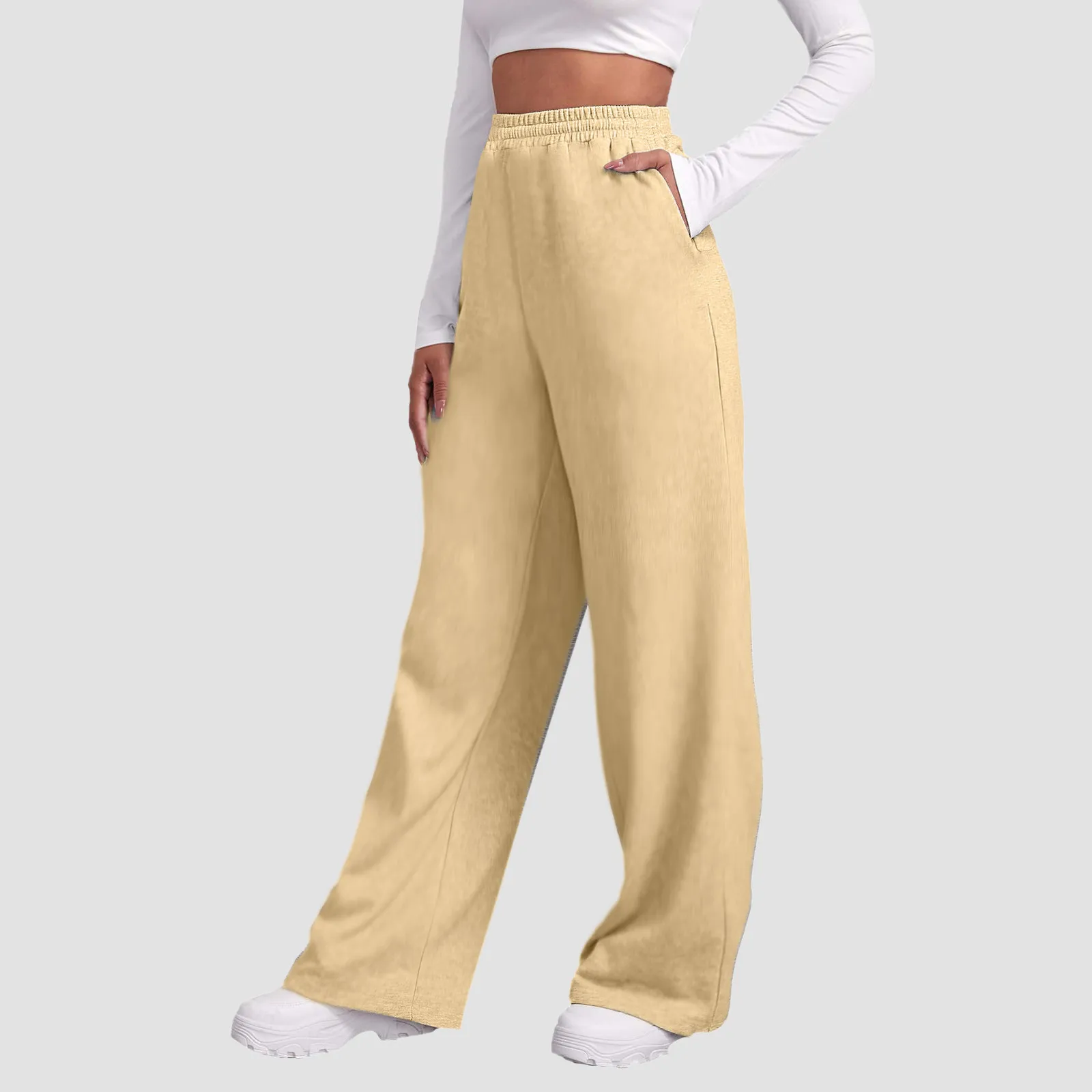 Pantalones de chándal de pierna ancha para mujer, Pantalones rectos forrados de lana, parte inferior lisa que combina con todo, Joggers de Fitness, pantalones básicos de viaje, 2024