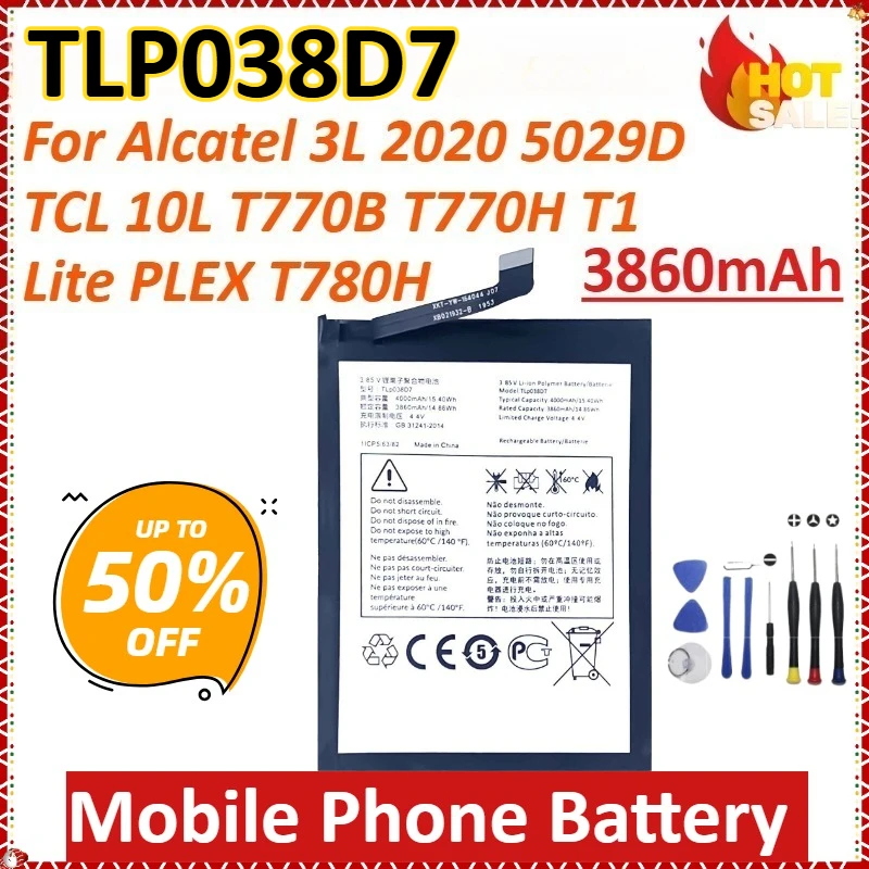 

New TLP038D7 3860mAh for Alcatel 3L 2020 5029D TCL 10L T770B T770H T1 Lite PLEX T780H High-Capacity Mobile Phone Battery + Tools