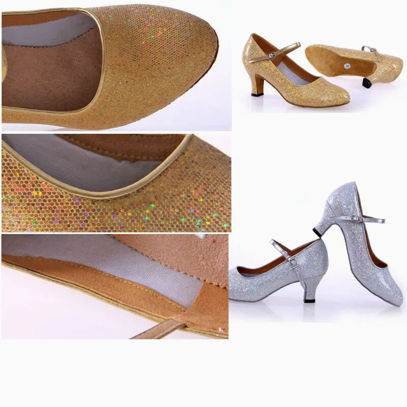 Brilhante ouro tira lantejoulas sapatos de dança latina feminino sapatos de dança de salto alto 5 / 7cm salão de baile tango dedo do pé fechado meninas