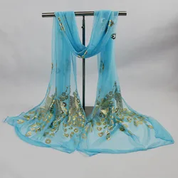 Women Multi-Color Wraps Fashion Trend Peacock Flower Gilded Scarf Long Soft Wrap Summer Lightweight Beach Vacation Shawl Stole