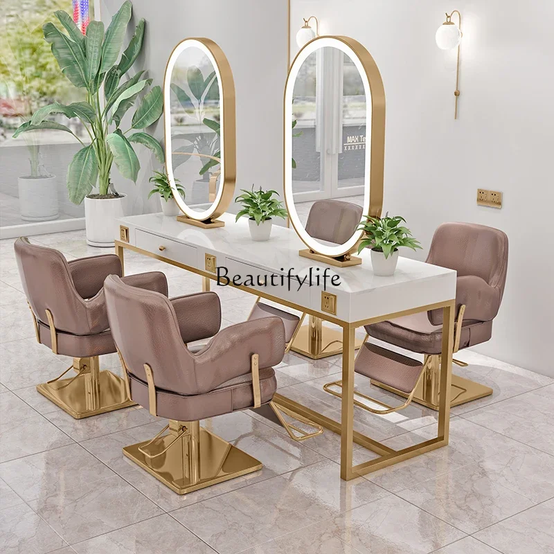 

06Beauty Salon for Hair Salon Marble Hot Dyeing Table All-in-One Cabinet Makeup Mirror Table