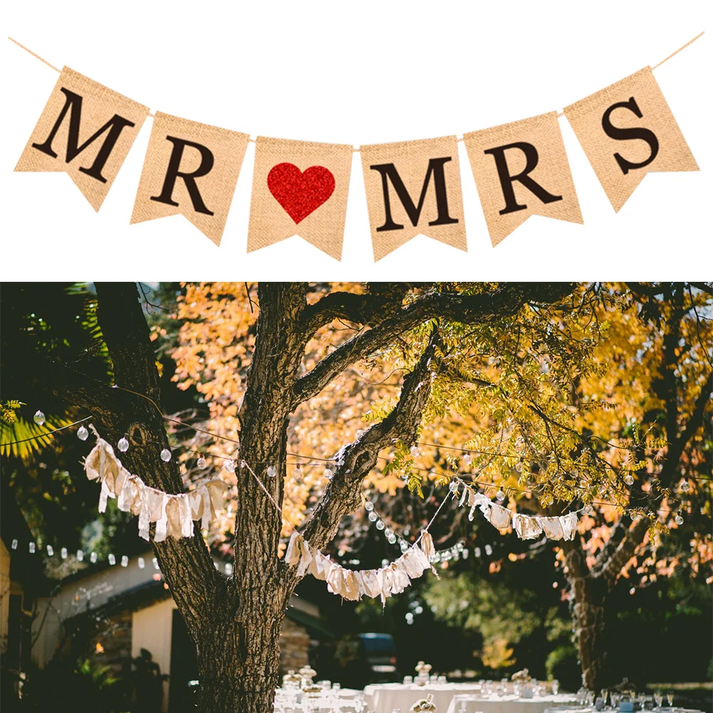 Retro Linen Swallowtail Pull Flag Mr Mrs Banner Vintage Heart Pattern Burlap Letters Bunting