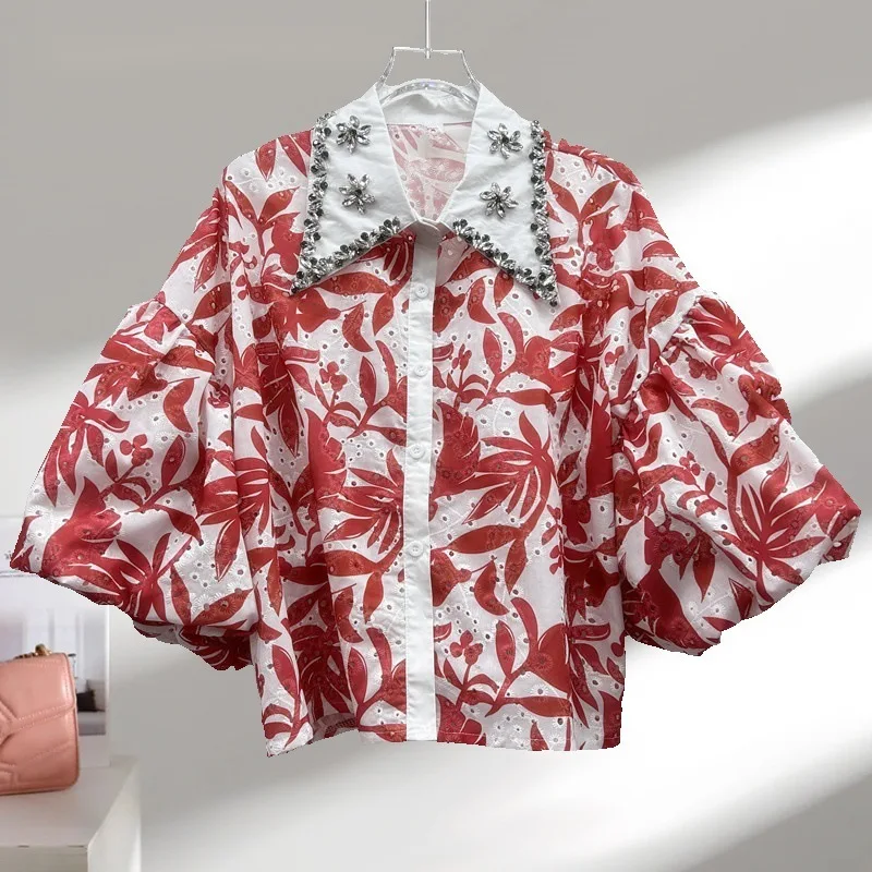 프렌치 스타일 패셔너블 디자인 헤비 엠벨리시드 다이아몬드 프린트 하이 웨이스트 셔츠 여성용 새로운 우아한 슬림 핏 다용도 탑