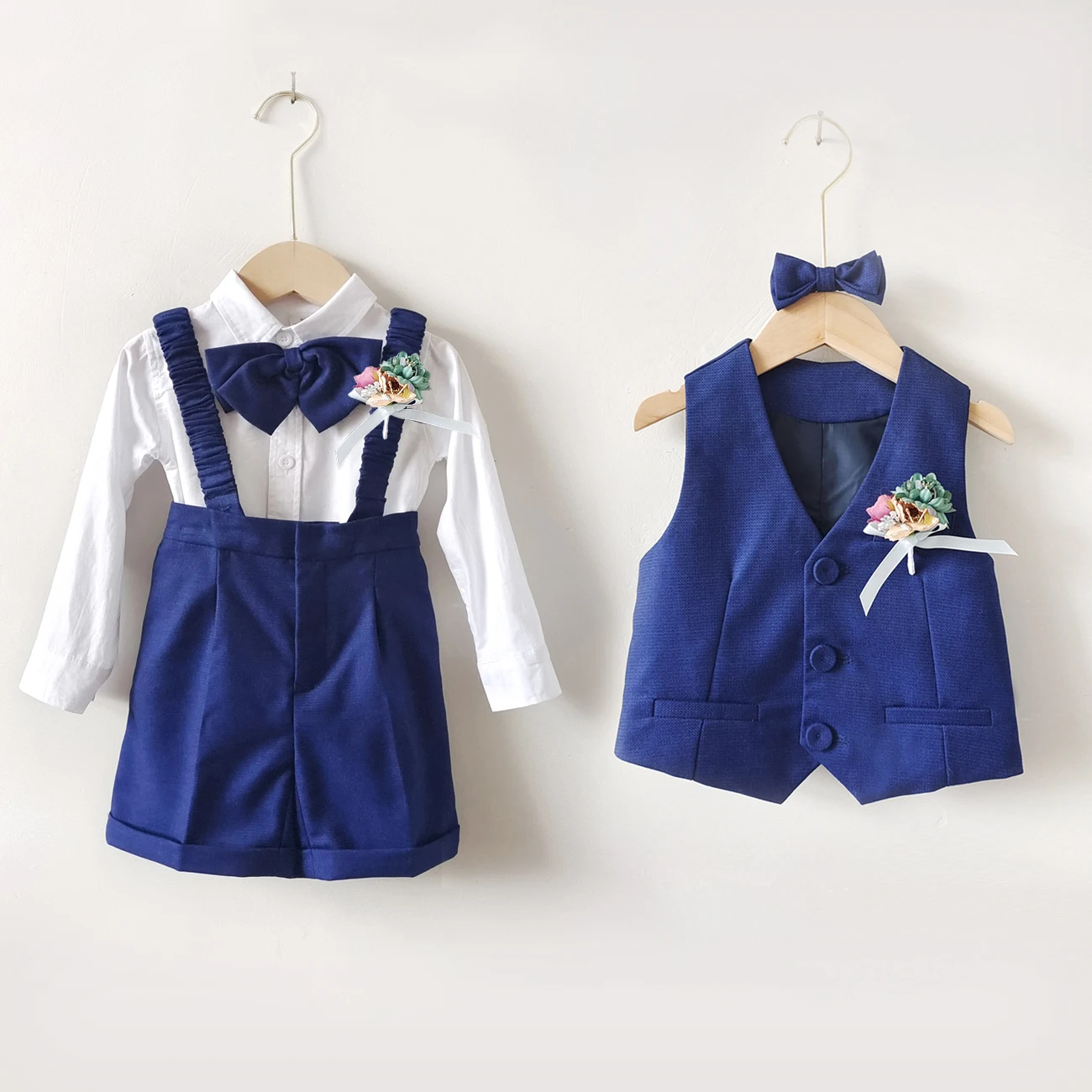 Boutique Boys Girls Clothes Set Formal Birthday Suit Kids Blue Vest Shirt Short Bowtie Wedding Dress Suit Costume