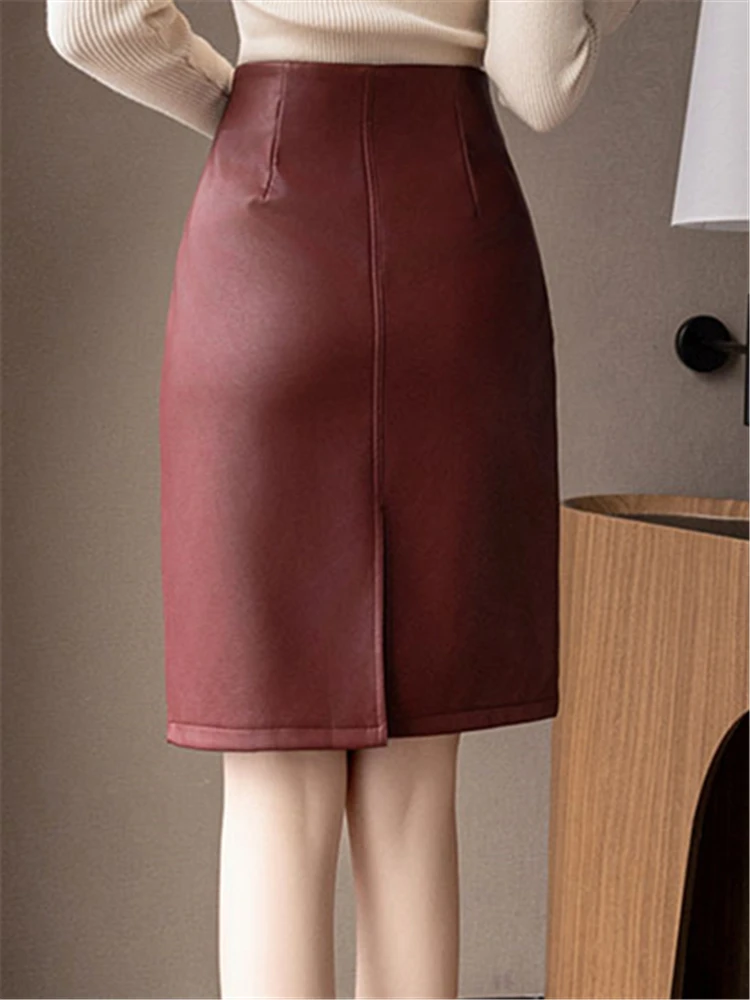 Seoulish-Jupes mi-longues en cuir PU vintage pour femmes, dos fendu, taille haute, vêtements de travail, fermeture à glissière au dos, jupes crayon pour femmes, automne, hiver, nouveau, 2024